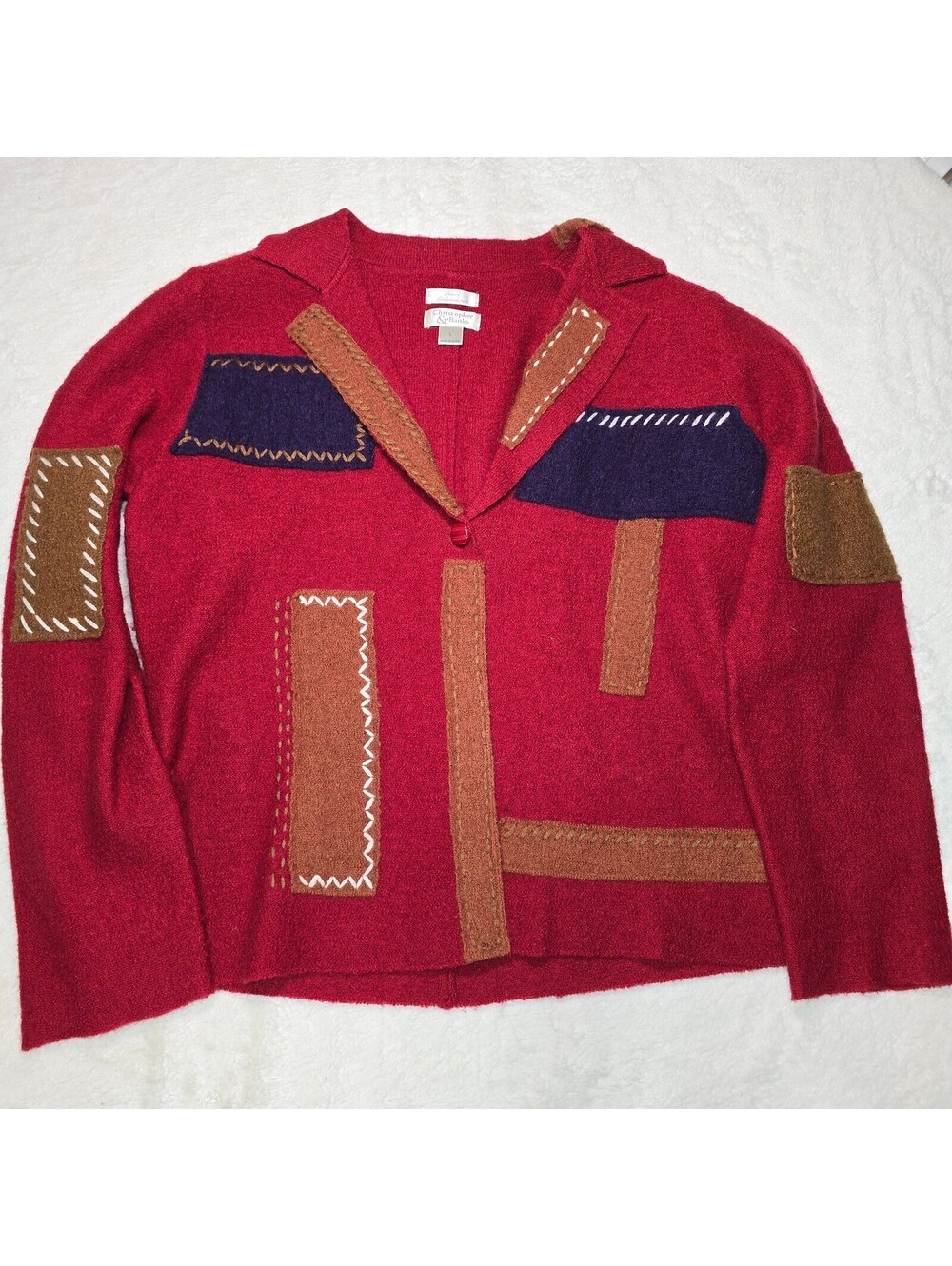 VTG Christopher Banks 100% Wool Patchwork Cardigan Jacket Red Large Grandmacore
